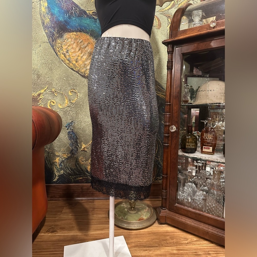 NWT ZARA STRECH PENCIL  SILVER METALLIC STULE SKIRT W BLACK LACE TREAM - Picture 3 of 9